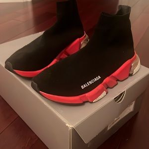 Balenciaga knit black with red sole and clear sneakers